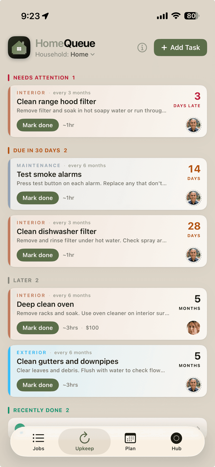 HomeQueue mobile app showing recurring home upkeep tasks