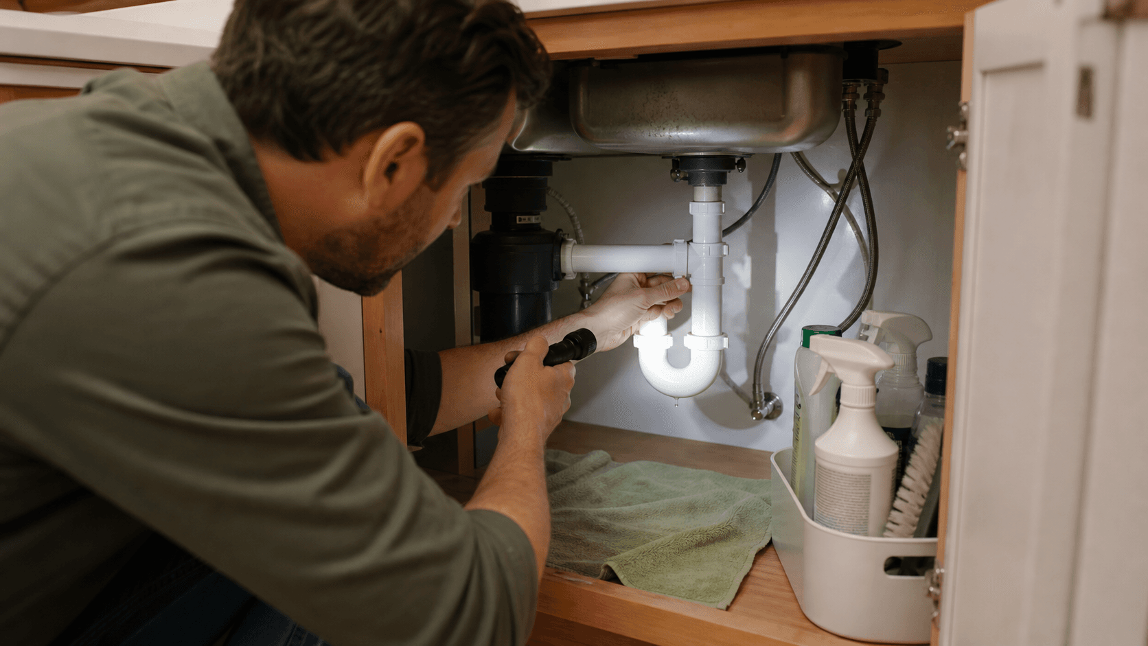 Homeowner inspecting a small plumbing leak under a kitchen sink