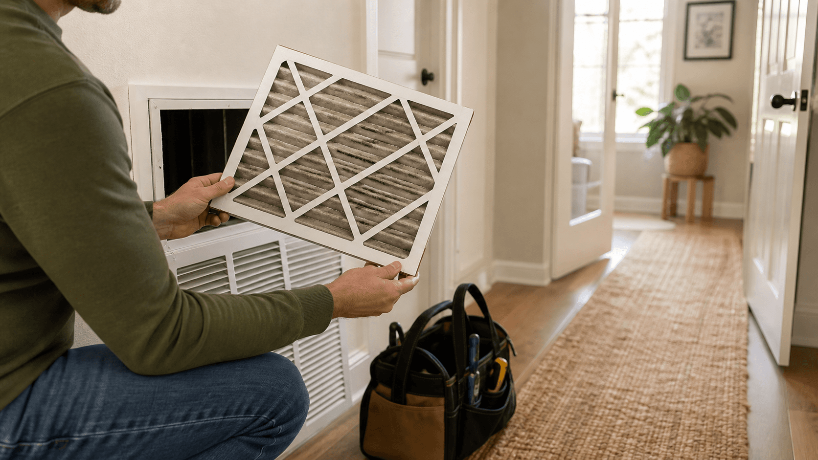 Routine home maintenance task with an air filter and tools
