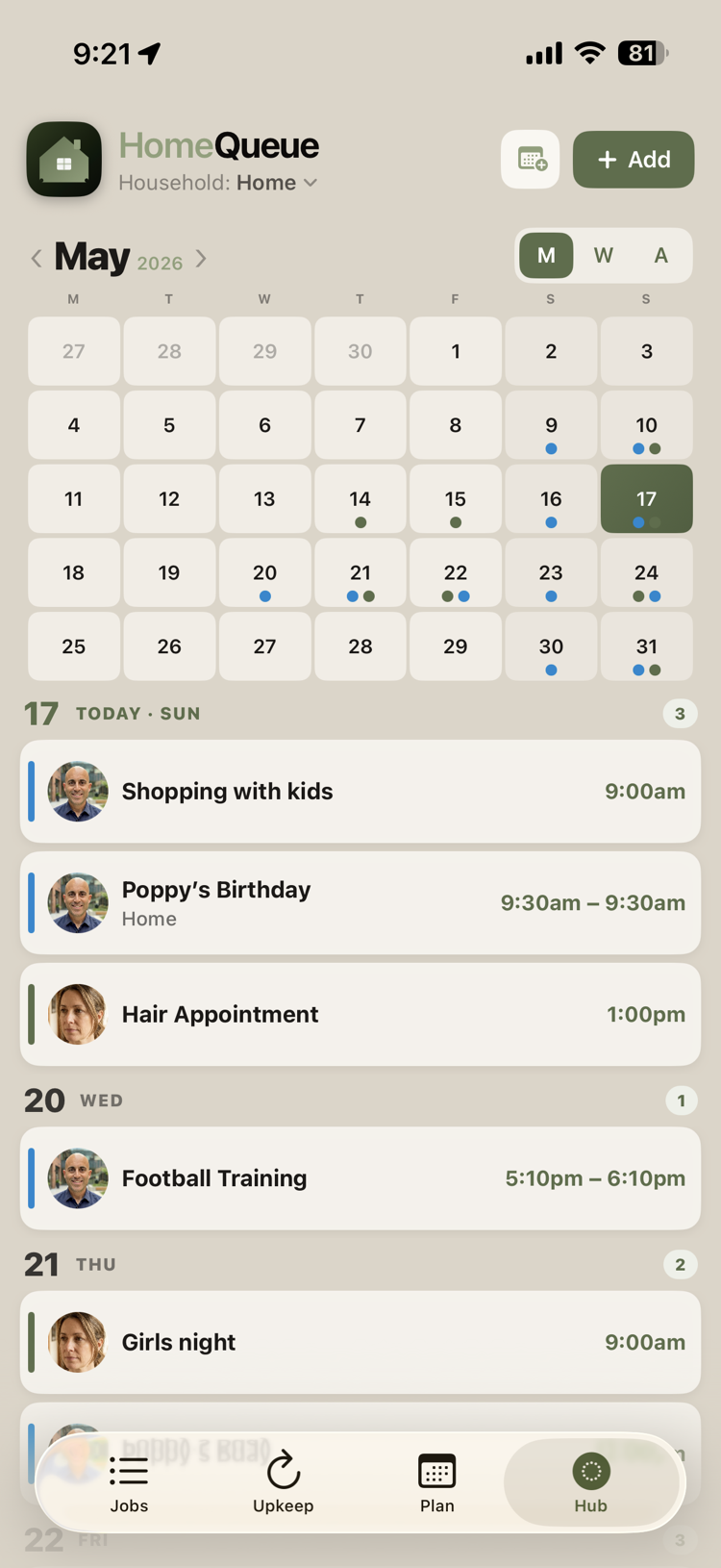 HomeQueue Hub calendar view on iPhone