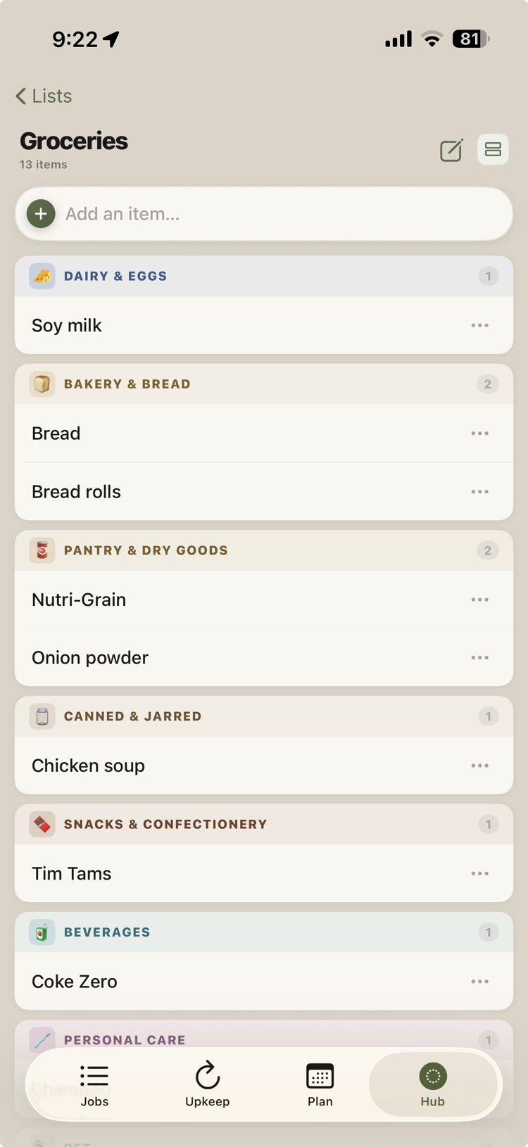HomeQueue Hub lists view on iPhone