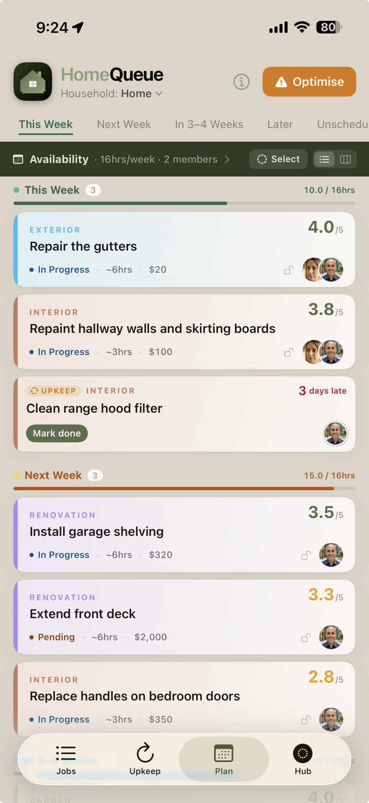 HomeQueue weekend plan with availability on iPhone